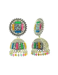 Pink Stone By Valentina Multicolor Round Gold-Toned Jhumkas | Alloy Drop Earrings with Beads for Women