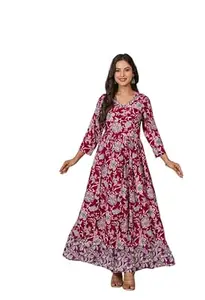 Women's Rayon Dress, Floral Print, V-Neck, 3/4 Sleeves, Ankle Length, Ethnic Style KJ4