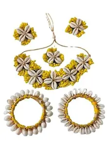 Real Cowrie Shell & Yellow Flower Jewellery, Necklac with Maang Tika and Earrings With Bangles (2.5 inches) for Women and Girls.