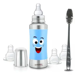Speedex Stainless Steel Baby Feeding Bottle with Internal ML Marking, Smiley Printed Silicon Grip (240 ml, Blue Color, Silver Metal Mirror Finish) (3 Extra Nipple & Brush)