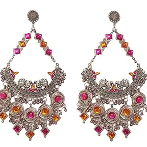 Total Fashion Jewellery Kundan Work Oxidised Silver Chandbali Earrings For Girls & Women(Pink/Orange)