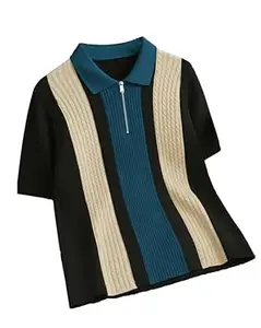 AUSK Men's Retro Cable-Knit Quarter-Zip Polo | Premium Textured Self-Design Half Sleeve T-Shirt for Men