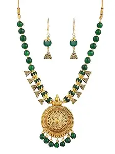 Green Beads Oxidised Round Necklace with Dotted Design - Traditional Indian Jewelry for Women, Perfect for Weddings and Festive Occasions