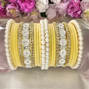 yellowish Cream bridal velvet brass pearl chuda set for girls and women for special events, traditional bangle set, bridal bangle set (2.8)