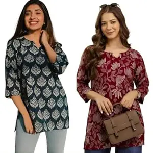MS VHCK ENTERPRISE Women's Cotton Printed Short Kurti, Round Neck, Three Quarter Sleeve, Straight Fit, Pack of 2