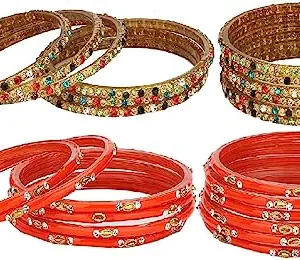 Somil Combo Of Party & Wedding Colorful Glass Bangle/Kada, Pack Of 24, Multi,Orange