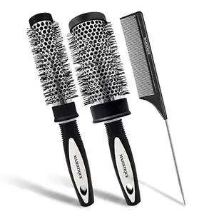 Majestique Blow Drying Hair Brush Set, Salon Blowout Hair Styling with Antistatic Bristles for Wet or Dry Hair, Two-size Aluminum Barrel with Tail Comb - 3Pcs/Black