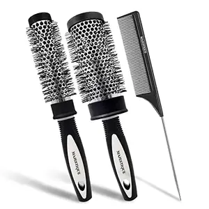Majestique Blow Drying Hair Brush Set | 2 Round Barrel Brushes + Tail Comb | Anti-Static Bristles for Wet & Dry Hair | Salon Blowout Styling Tools for Women & Men – 3Pcs, Black