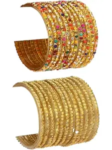 1st Time Stylish Glass Bangles/Kada Combo Of 2 Set, Each Set In 12 Bangles For Party, Wedding, Anniversary And Functions, Multicolor, Golden- I56