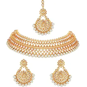 Peora Gold Plated hite Kundan Necklace Chandbali Earring MaangTikka Jewellery Set for Women