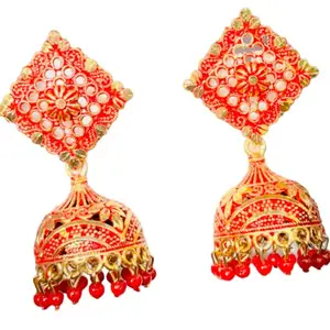 Sterling Glitz Jewels Red Meenakari Enamel with Beads Ethnic Jhumka/Jhumki Earrings for Women & Girls