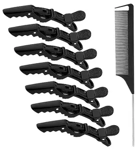 Alligator Hair Clips Set – 6PCS Black Salon Pro Clips for Hair Styling, Sectioning, Coloring & Cutting – Durable Gator Clips with Tail Comb for Men & Women – Professional Barber Hair Accessories