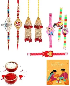 Clocrafts Two Bhaiya Bhabhi Rakhi and Four Kids Rakhi Gift Set With Greeting Card and Roli Chawal - 2BB4KS132
