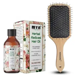 MYN Herbal Adivasi Hair Oil & Wooden Paddle Brush Set for Strong & Beautiful Hair