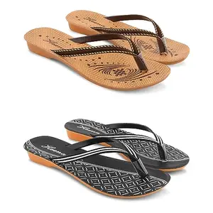 HEENAPLUS Fashionable Flat Slipper Stylish Flip Flops Soft Comfortable Footwear Tan & Black (Pack of 2, 4)