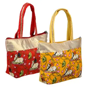 Kuber Industries Hand Purse|Traditional Mini Hand Bag|Silk Wallet Hand Bag|Shagun Hand Purse|Woman Tote Hand Bag|Gifts Hand Bag|Cow-Small Hand Purse|Pack of 2|Multi