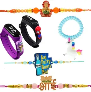 brown leaf Pack Of 6 Stylish Men's Rakhi Kids Cartoon Rakhi Bracelet Set With Watch For Little Brother Sister Rakshabandhan Favor (Design 5)