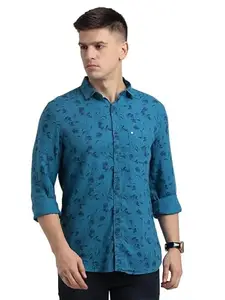 Turtle Men Cotton Lyocell Slim Fit Blue Printed Full Sleeve Casual Shirt