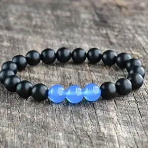 LKBEADS Natural Blue Agate & Matte Onyx 8mm Round Shape Smooth Cut Beads 65 inch Stretchable Bracelet for Men & Women|STBR_RR_00186_65