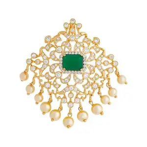 Kushal's Fashion Jewellery Green Gold Plated Ethnic Zircon Pendant Set - 415872