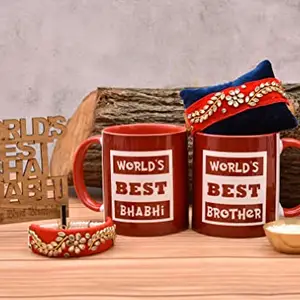 Pride Store Rakhi Combo of Bhaiya Bhabhi Rakhi Comes with 2 Coffee Mugs, a World's Best Bhaiya Bhabhi Wooden Showpiece Rakhi for Bro, Brother, Bhaiya Bhabhi (Bhiaya Bhabhi Rakhi Mug A)