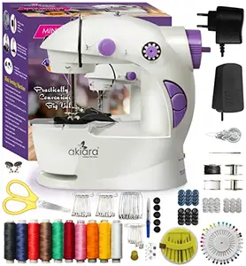 akiara - Makes life easy Mini Sewing Machine for Home Tailoring use | Mini Silai Machine with Sewing Kit Set Sewing Box with Thread Scissors, Needle All in One Sewing Accessories (White & Purple)