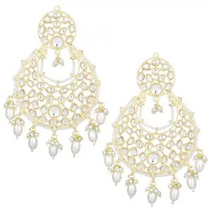 Peora Traditional White Pearl & Kundan Studded Dangle Chandbali Earrings Ethnic Fashion Jewellery for Girls & Women