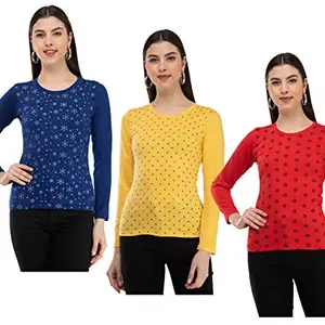 IndiWeaves Women Full Sleeve Printed Cotton T-Shirts (Red,Yellow,Blue,L) Pack of 3