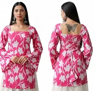 Women's Cotton Floral Printed Short Kurti Square Neck Bell Sleeves Lace Up Back Design