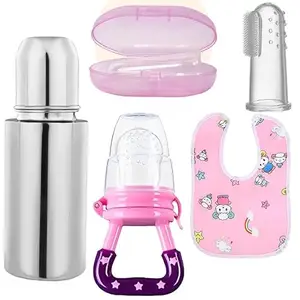 RB POINT Combo of Finger Brush+Bottle+Baby Bib+Nibbler Feeder BPA Free No Plastics New Born Baby/Toddlers/Infants for Drinks//Milk/Water