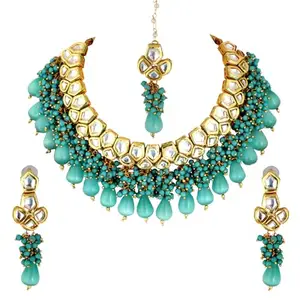 Lucky Jewellery Women's Meenakari Gold Plated Mint Color Pentagon Shape Uncut Kundan Necklace Set (2212-M6Sk-1684-Mnt)