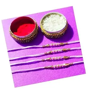 JAGMOOLYA PRODUCTS [Golden Baby Pink Beads Designer] Rakhi | RakshaBandhan Rakhi | With Roli & Chawal (JAG-030) (PACK OF 6)