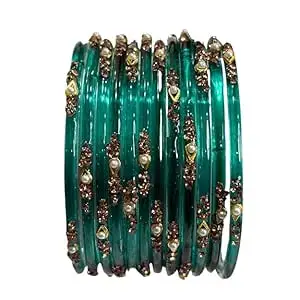 BANGLESKART Glass Bangles Set for Women & Girls – Set of 12 Premium Handmade Bangles with Stone & Pearl Work – 21 Colour Options – Sizes 2.4, 2.6, 2.8 – Traditional Bridal & Festival Wear Chudi Set