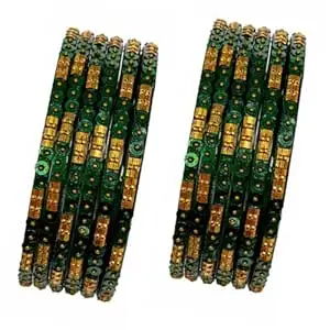 Glass Bangles Set for Women (12 Pieces) | Traditional Designer Chudi with Sequin & Gold Bead Work | Sizes 2.4/2.6/2.8 | Wedding, Bridal & Festive Jewellery
