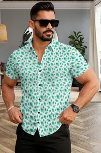 Men's Short Sleeve Button UP Shirt, Turquoise Leaf Print Pattern, Casual Summer Style (in, Alpha, S, Regular, Light_Green)