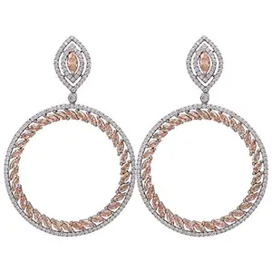 Ratnavali Jewels American Diamond Fashion Jewellery Silver Plated Golden Champagne CZ Dangler Drop Round Earrings Women/Girls RV3418C