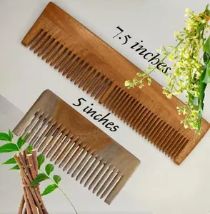 KaneezR Kachi Neem Wooden Comb - Herbal Oil Treated Comb for Men & Women | Dual Tooth Kangi for All Hair Types (Pack of 2) (5 Inches & 7.2 Inches)