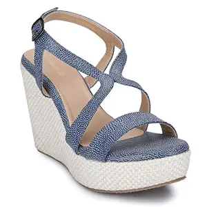 Shoeshion Women's Strapy Slingback,Buckle Closer Stylish Wedges Sandal For Office Party and Occasions. (Blue, numeric_6)