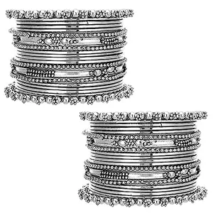 Peora Traditional Silver Plated 2.6 inch Metal Bangles Ethnic Stylish Fashion Jewellery Navratri Gift for Women Girls (Set of 2)
