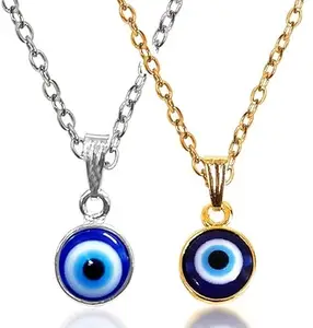 Adhvik Combo Of Valentine's Day Stainless Steel I Love You Round Blue Stone Moti Bead Evil Eye Nazar Suraksha Kavach Locket Pendant Charm Necklace With Clavicle Chain For Girl's And Women's