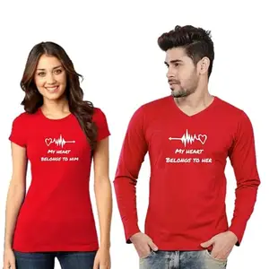 Touchme Fashions Couple Lovers Combo (Husband & Wife) Cotton I Love You and Me Printed Full Hand V Neck Red T Shirts for Couple Men-M/38, Women-M/35 - Combo of 2