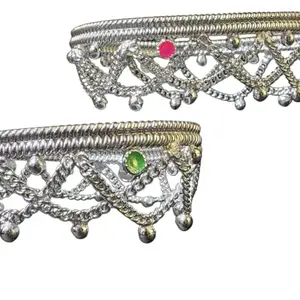 Handcrafted German Silver anklet with rose flower red Green Stones, Traditional Design Coloured Details, Set of 2-9.5 inch