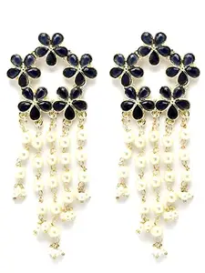 Karatcart Gold Plated Floral Design Blue Kundan Pearl Tassel Earrings for Women