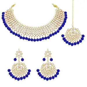 Peora 18K Gold Plated Traditional Kundan Pearl Blue Faux Pearl Choker Necklace with Earring Maang Tikka Jewellery Set for Women Girls