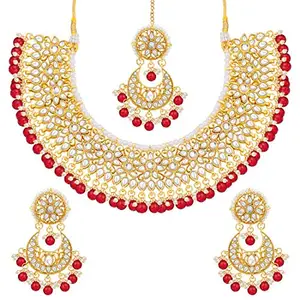 I Jewels 18K Gold Plated Traditional Handcrafted Faux Kundan & Pearl Studded Bridal Choker Necklace Jewellery Set with Earrings & Maang Tikka (K7076R)