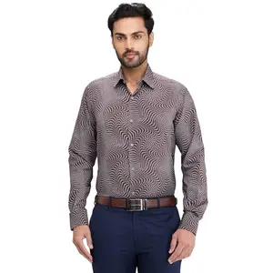 Raymond Men Regular Fit Print Pattern Cotton Blend Semi Cutaway Collar Full Sleeve Formal Shirt (Size: 42)-RPSY08975-O7 Dark Brown