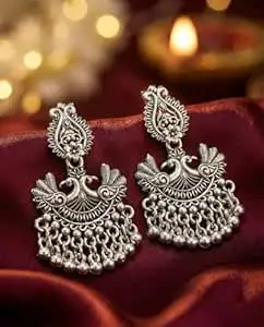 1 LOOK Traditional Oxidised Jhumka Earrings, German Design, Square Stud with Dome and Bead Danglers, 5 cm Length, 2 Pieces
