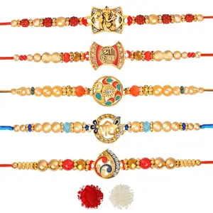 De Marquis 5 Designer Rakhi Gift Set for Brother, Mauli Thread, Chawal Roli Pack, Greeting Card Set (5 Multicolor RAKHI set in different design with Roli and chawal)