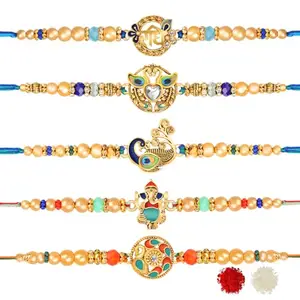 De Marquis 5 Designer Rakhi Gift Set for Brother, Mauli Thread, Chawal Roli Pack, Greeting Card Set (5 Multicolor RAKHI set in different design with Roli and chawal)
