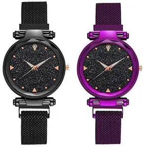 SS TRADERS - Women's Casual Designer Black Dial Combo of Analog Magnet Watch - Pair of 2 - Black-Purple
